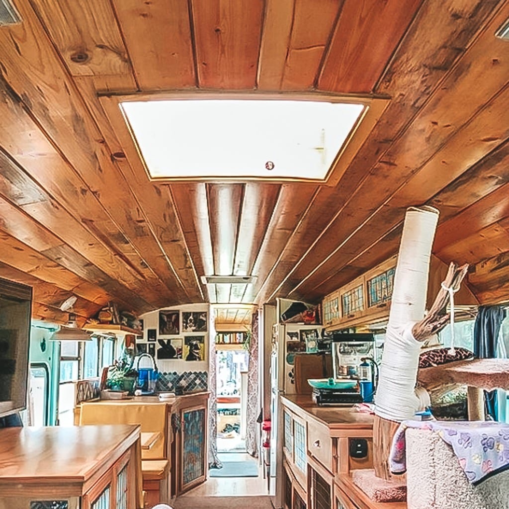 Today we're featuring the Soulful Bus Life skoolie - a bus conversion with a breezy feel, unique touches, and its own mini zoo! | Since We Woke Up | sincewewokeup.com