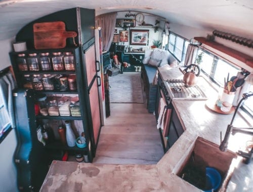 We get a lot of questions about our little skoolie kitchen! From our conrete countertops to the rose gold appliances, here are the answers! | Since We Woke Up | sincewewokeup.com