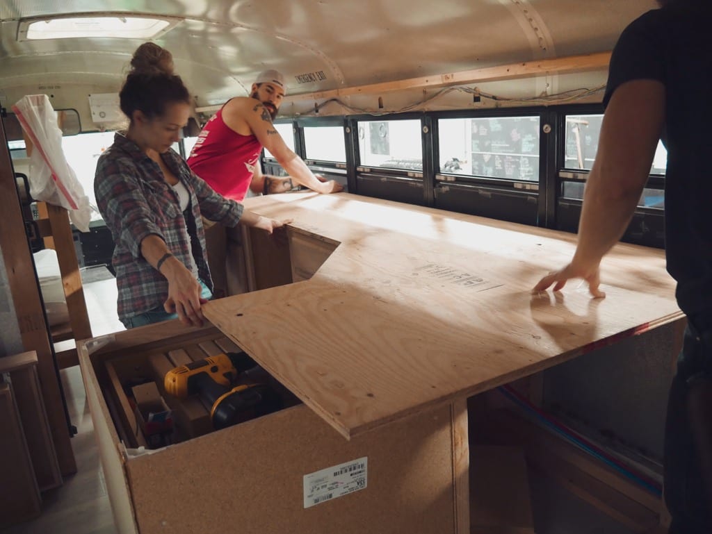 We get a lot of questions about our little skoolie kitchen! From our conrete countertops to the rose gold appliances, here are the answers! | Since We Woke Up | sincewewokeup.com